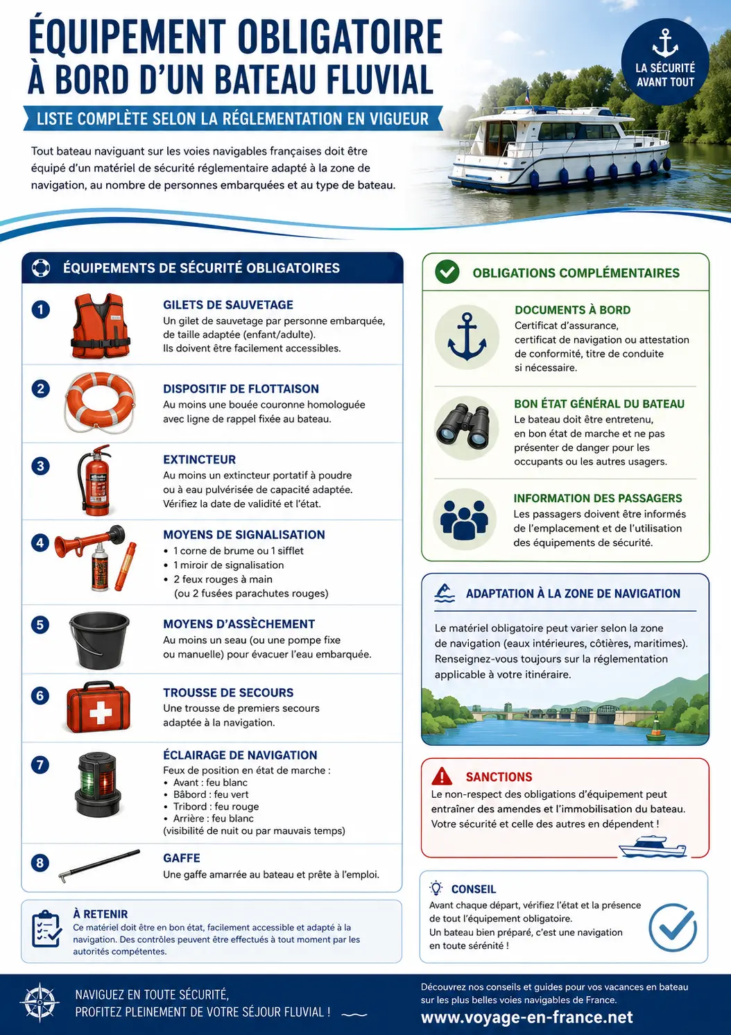 Équipement obligatoire bateau fluvial - infographie
